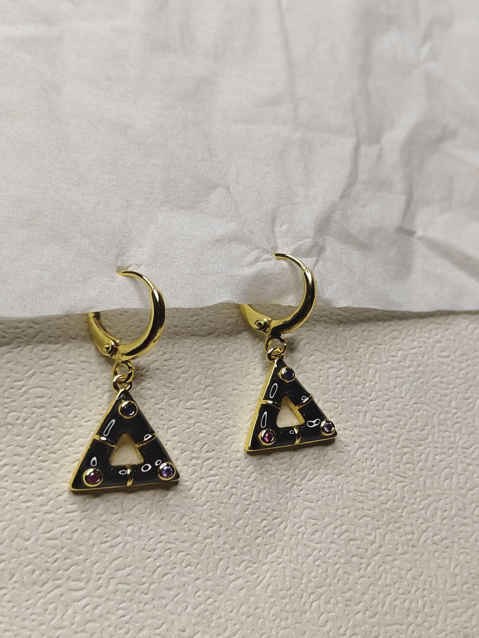 Noir Prism Drop Earrings – Black Enamel Triangle Hoops