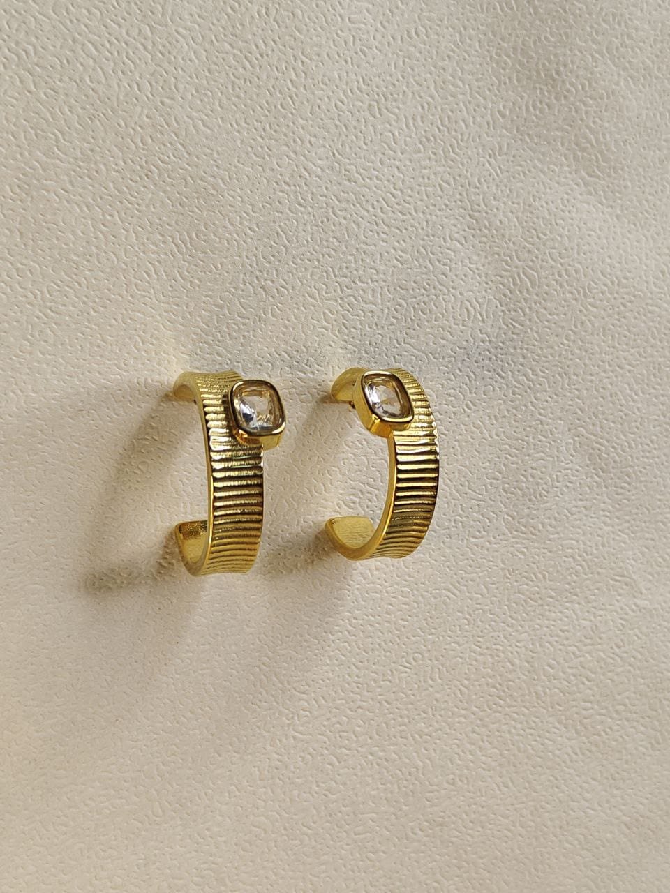 Gold Textured Hoop Earrings with Crystal Accent