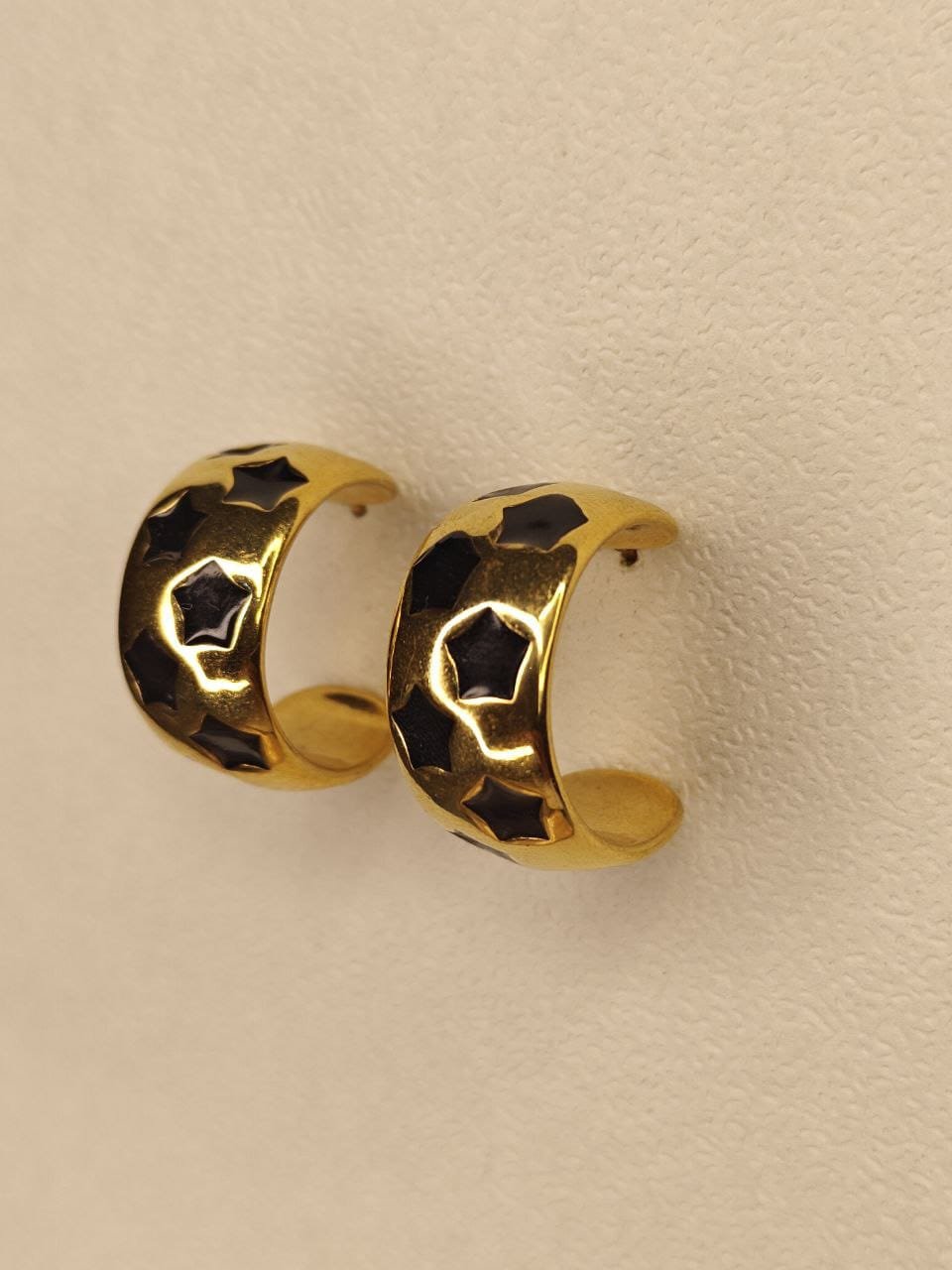 Gold & Black Enamel Star Hoop Earrings