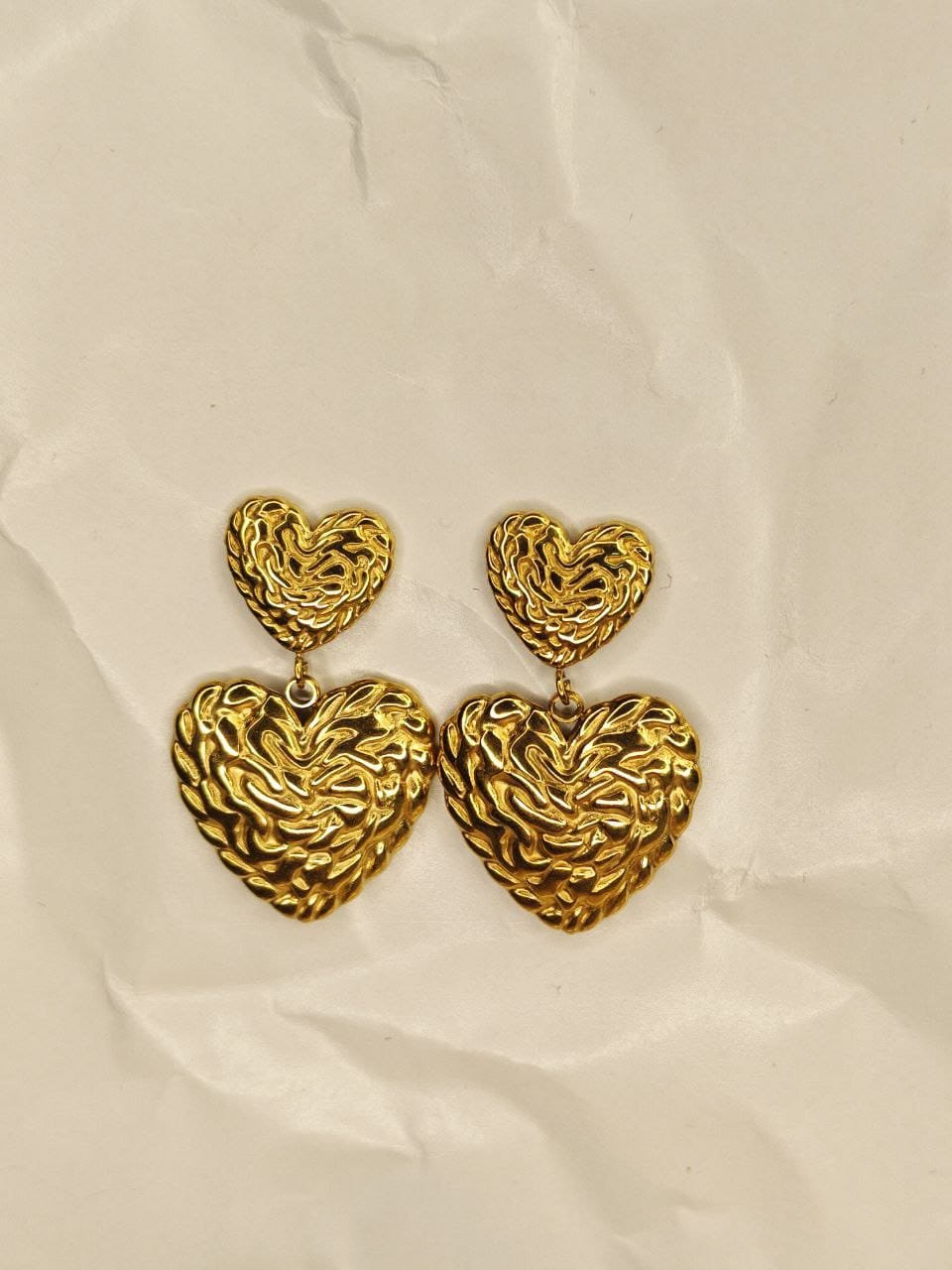 Textured Double Heart Drop Earrings