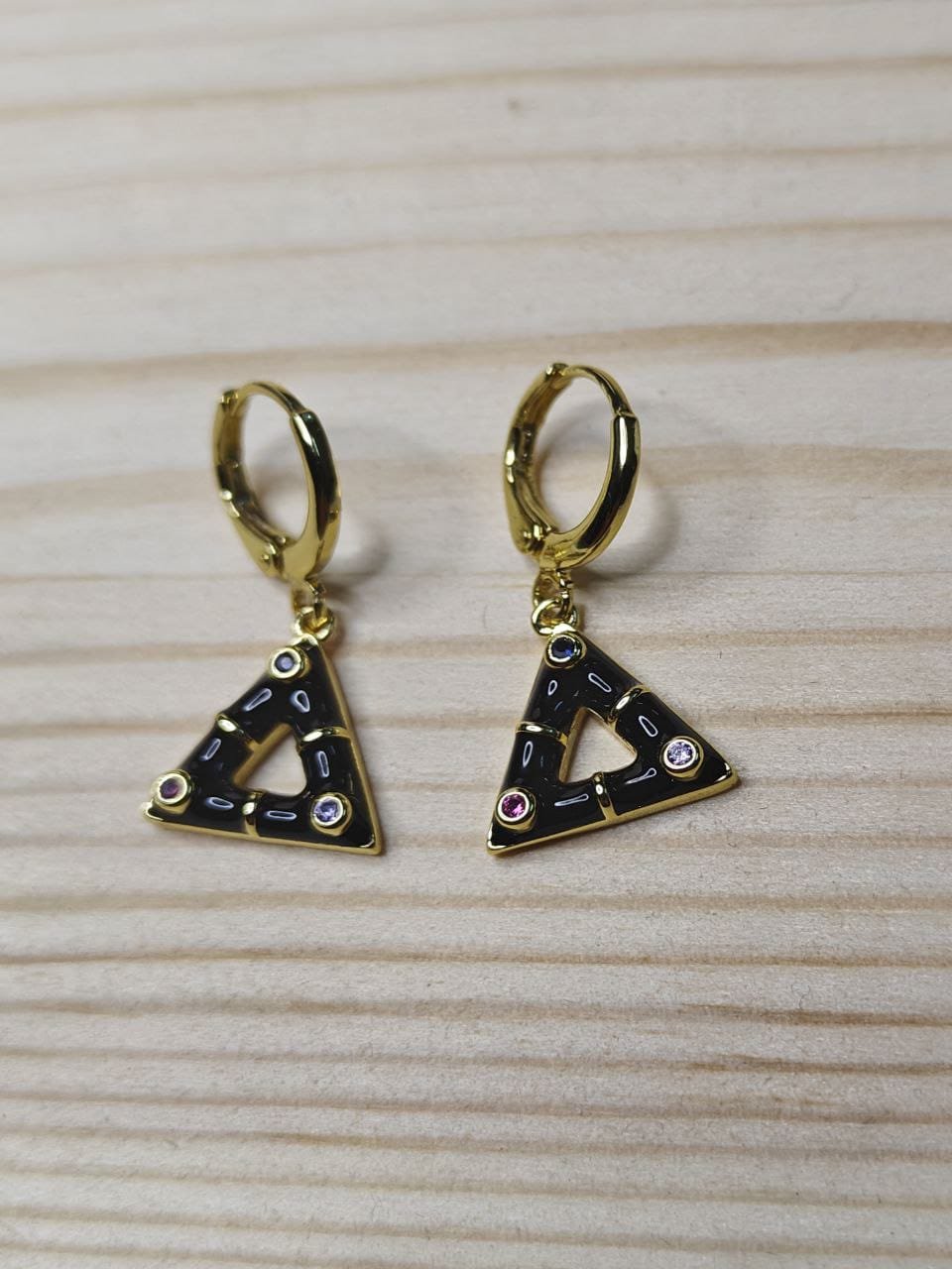 Noir Prism Drop Earrings – Black Enamel Triangle Hoops