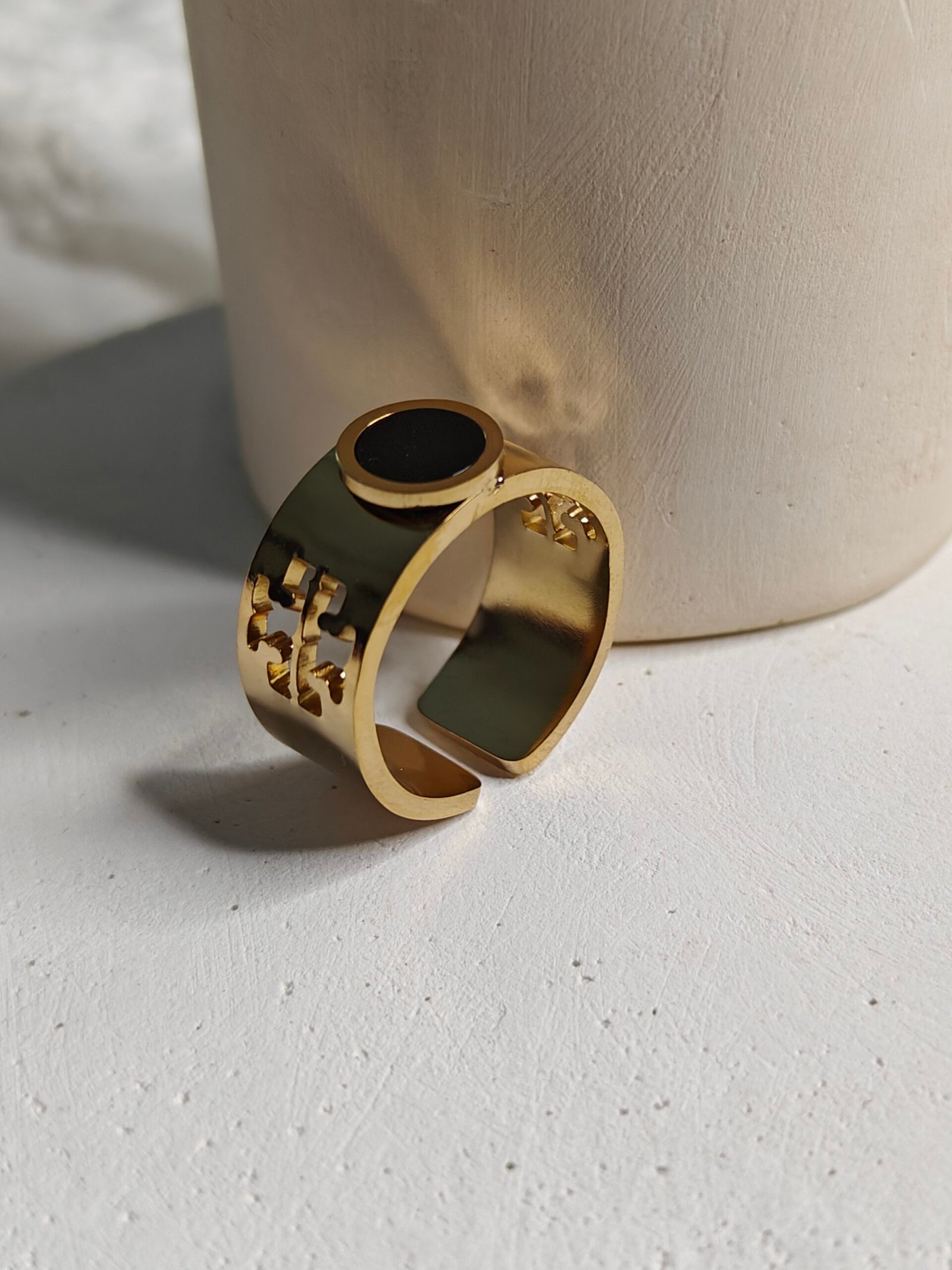 The Solstice Ring – Gold Band with Black Enamel & Cutout Detailing