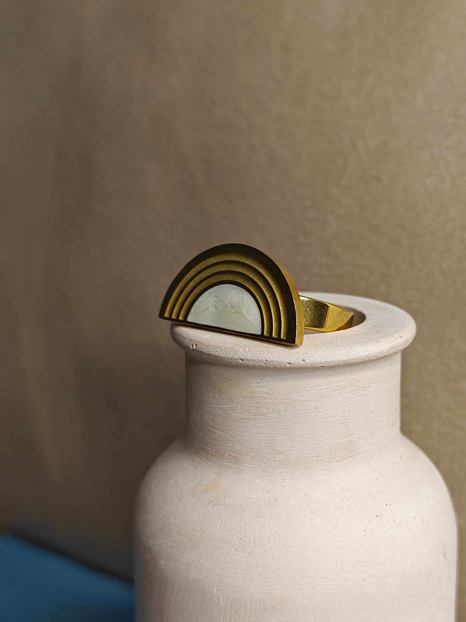 The Arc Ring – Modern Gold Rainbow with Moonstone Glow